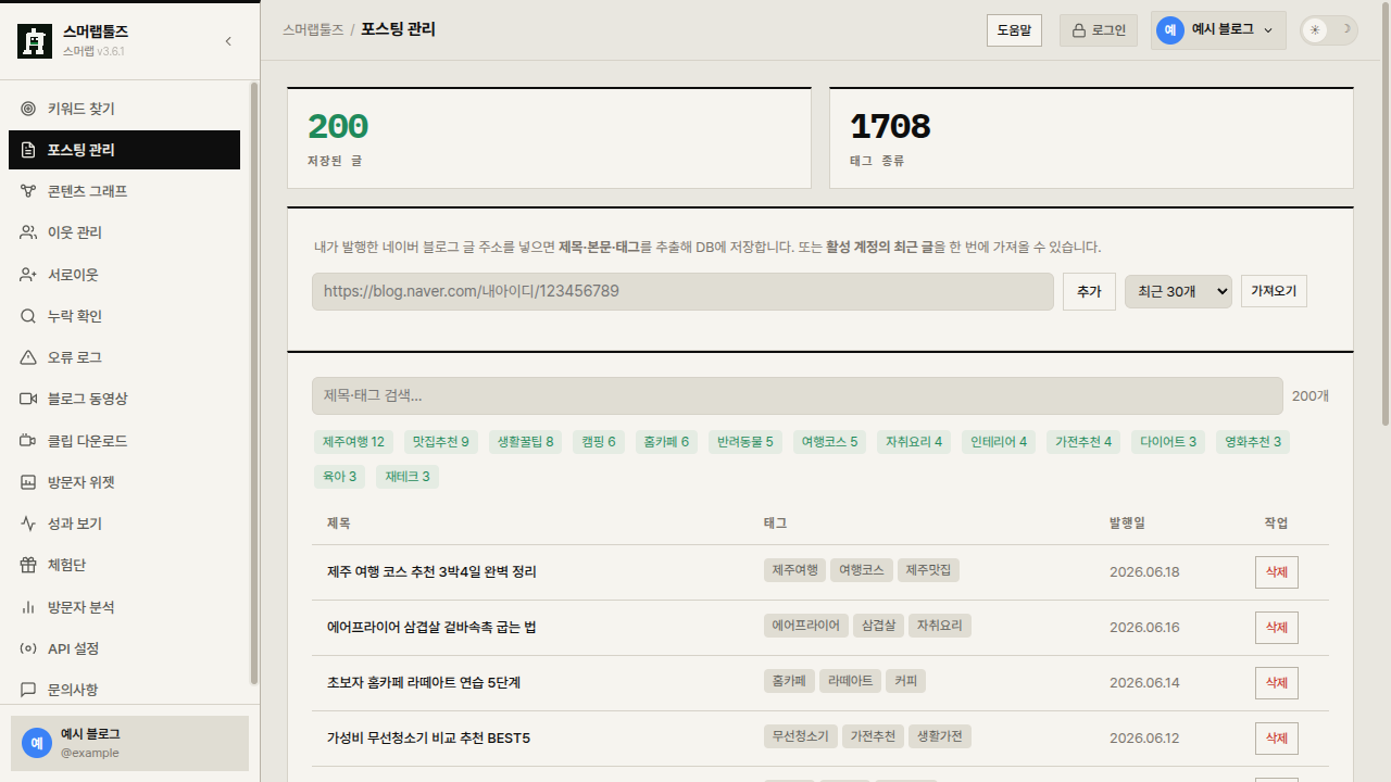 스머랩 블로그 툴즈 포스팅 관리 화면 — 저장된 글 200개, 태그 종류 1708개와 글 목록·태그 필터.
