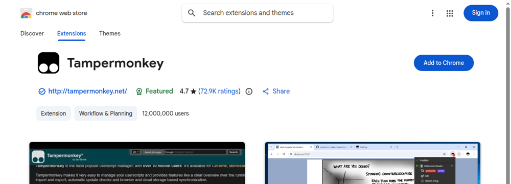 크롬 웹스토어 템퍼몽키 페이지. 오른쪽 위의 파란색 'Add to Chrome' 버튼을 누른다.